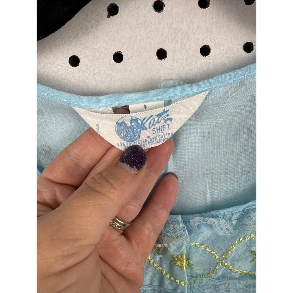 Vtg Katz Blue House Dress Embroidered Lace Puff‎ Sleeve Cottagecore Grannycore
